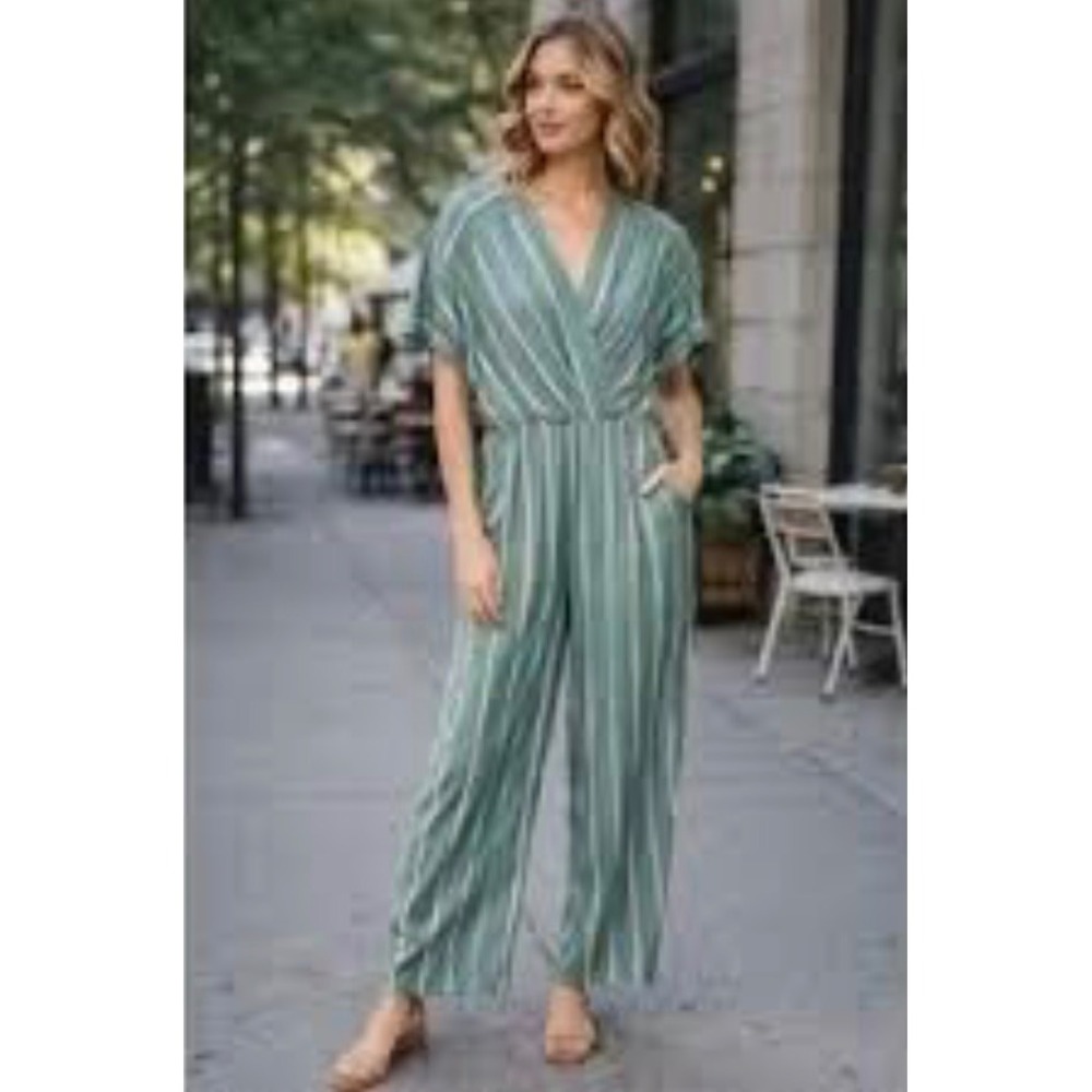 Maje Teal Green White Striped Surplice V-Neck Short Sleeve Jumpsuit Size 36